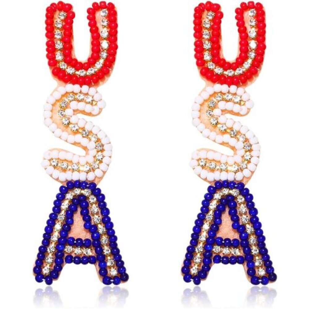 American Flag Earrings - Beaded Heart Star Patriotic USA Beaded Statement